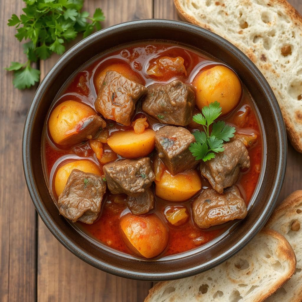 Stifado oppskrift, gresk gryte, kjøttgryte med poteter, tradisjonell gresk middag.