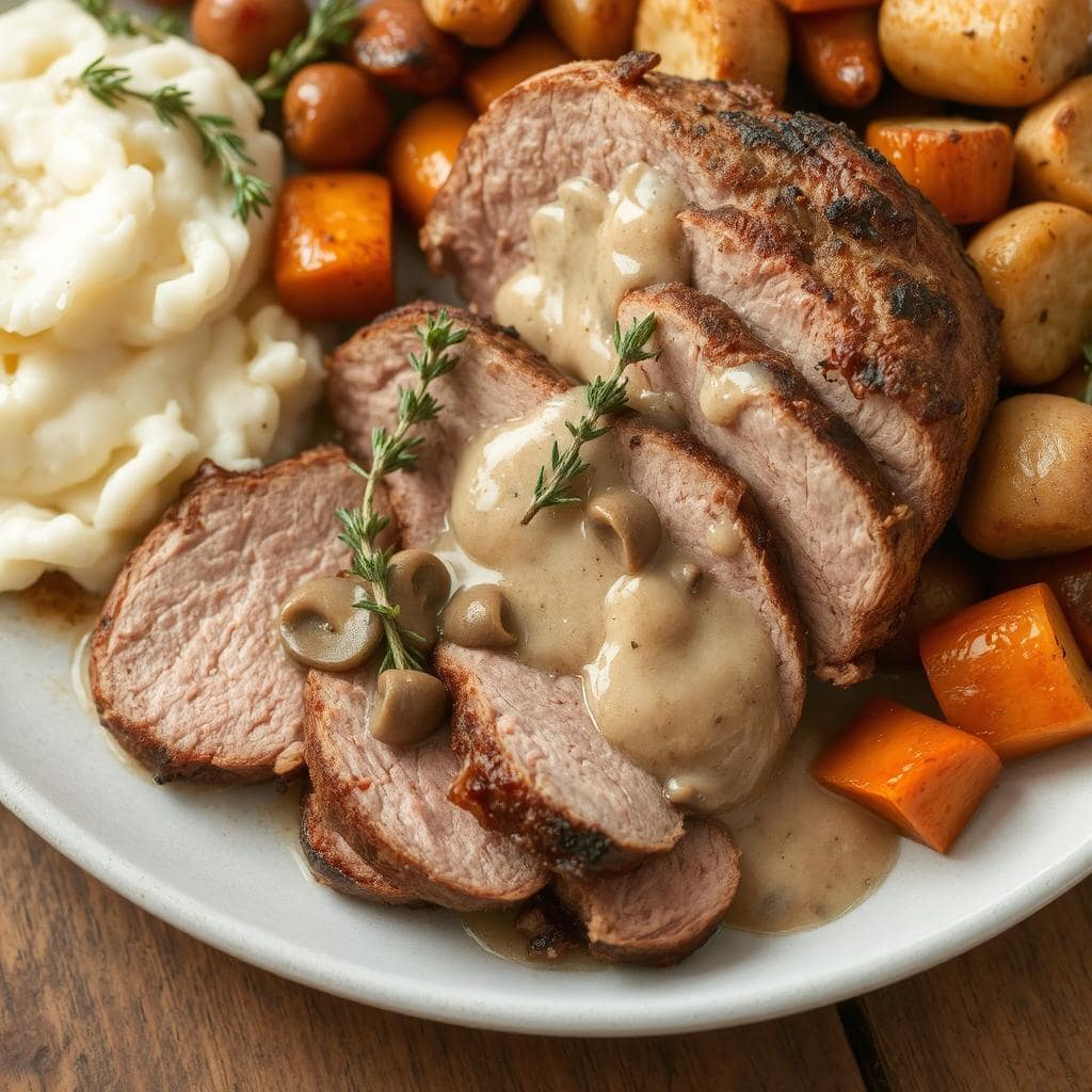 Indrefilet av svin med soppsaus: Saftig svinekjøtt og kremet soppsaus for et elegant og smakfullt måltid.