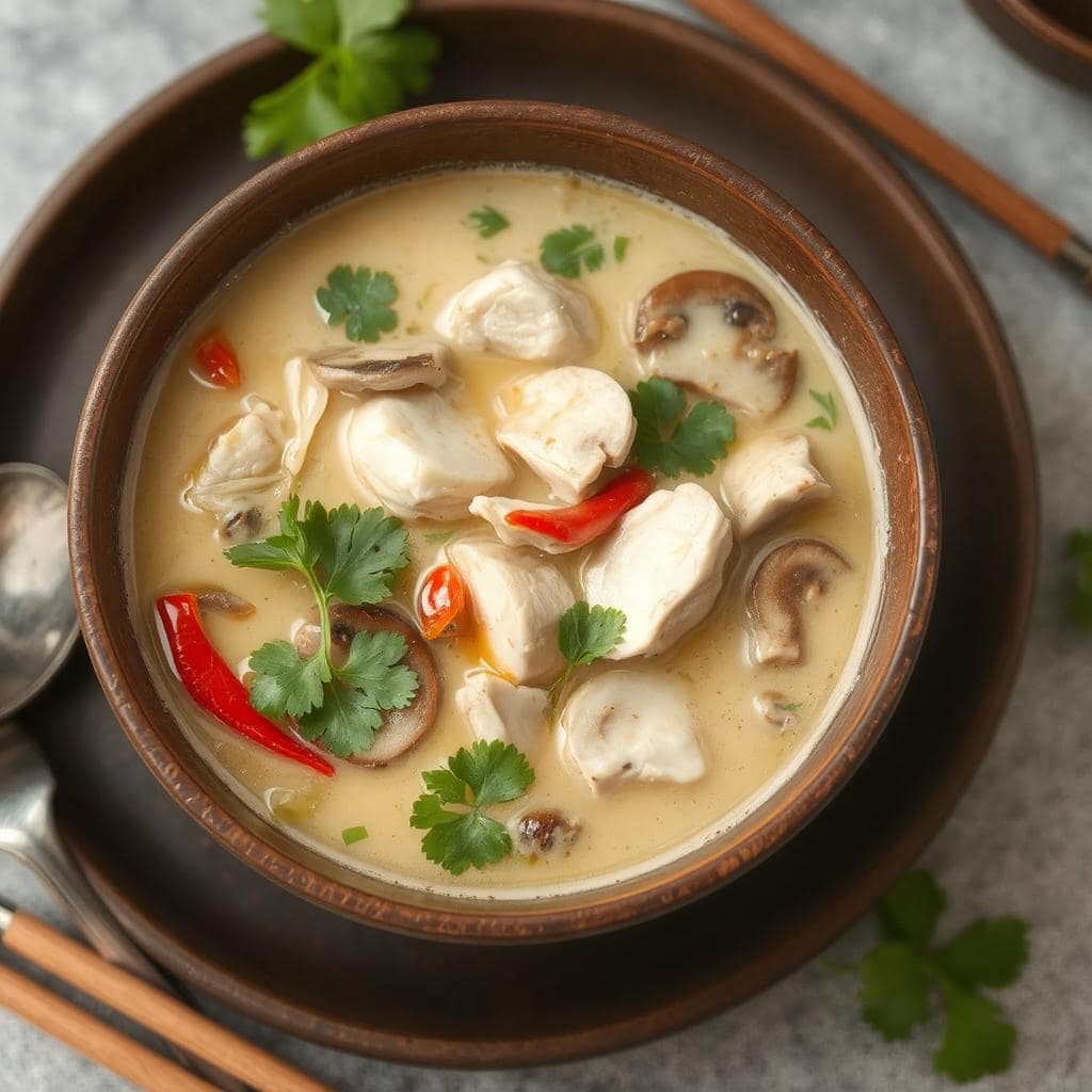 Tom Kha
Gai oppskrift: Thailandsk kremet suppe med kokosmelk og krydder
