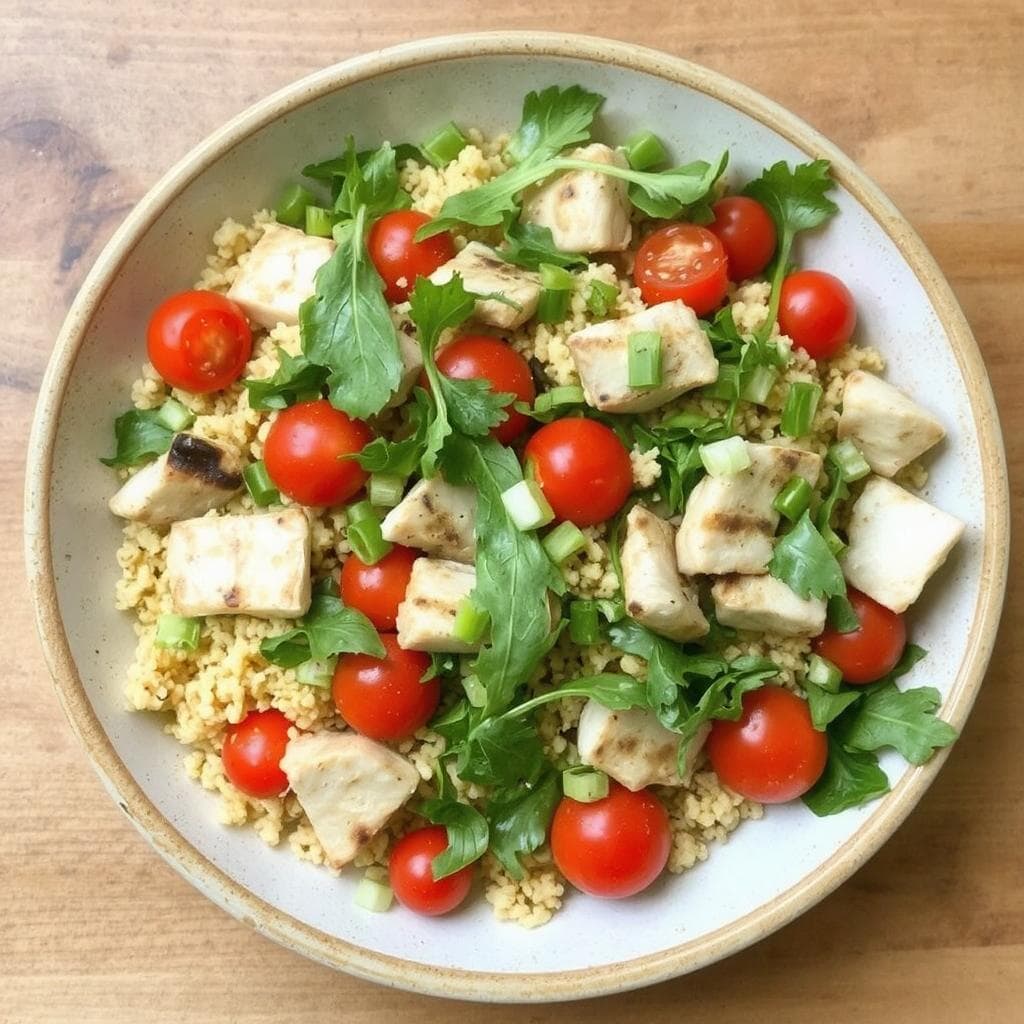 Kyllingsalat
med Couscous oppskrift: Frisk salat med ruccula og smakfulle ingredienser