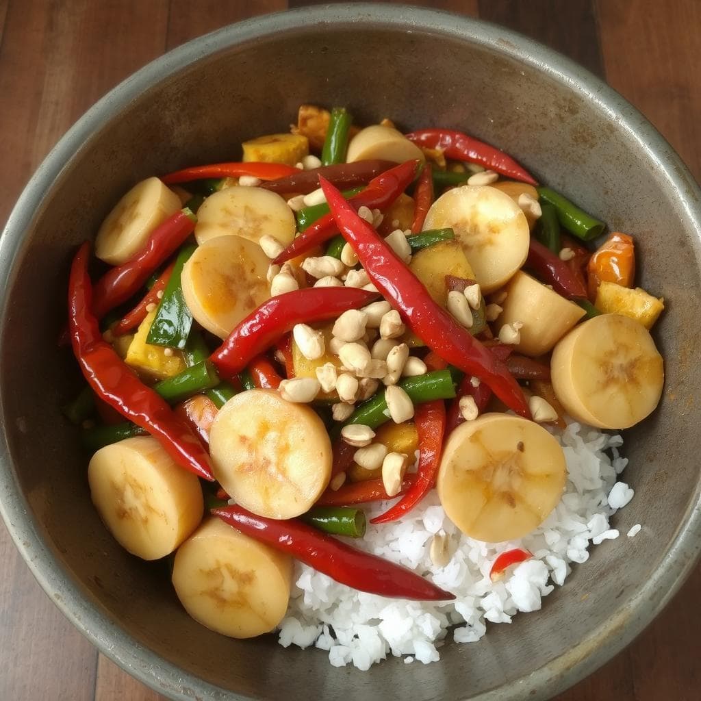 Wok med
Chili og Banan oppskrift: Eksotisk kombinasjon med sødme, krydder og sprø
grønnsaker