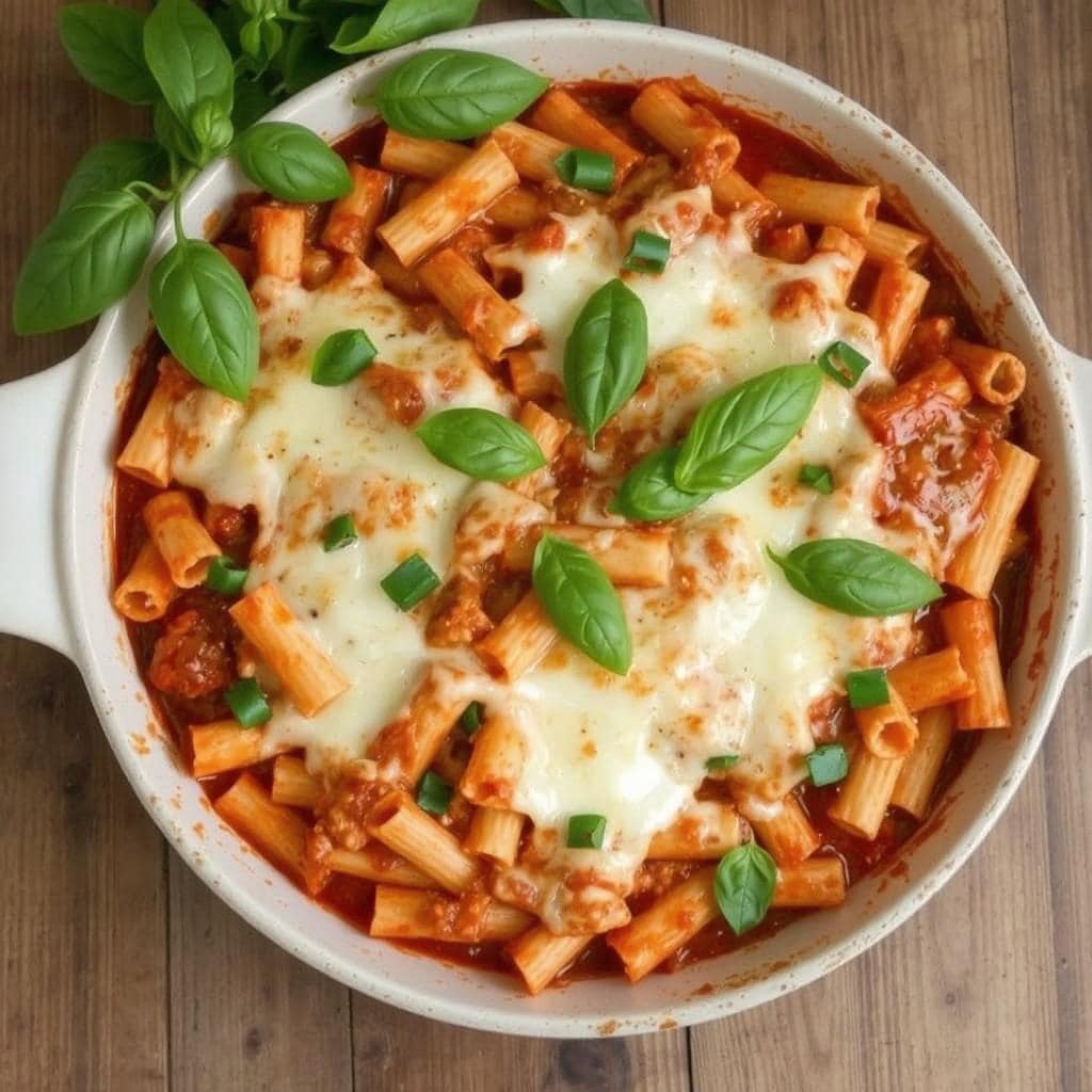 Ziti al Forno oppskrift, ovnsbakt pasta, italiensk ziti, pastagrateng med tomatsaus.