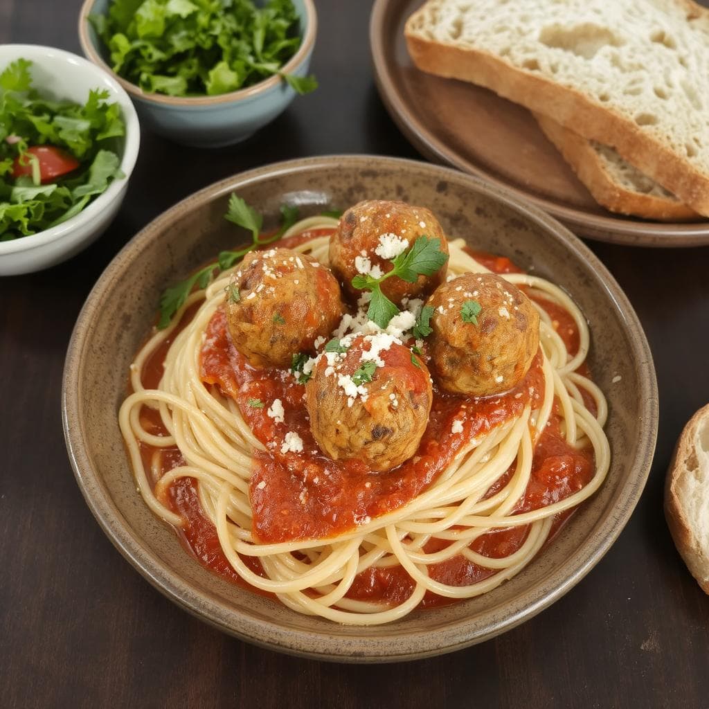 Saftige kjøttboller i krydret tomatsaus servert med fullkornsspaghetti – en sunn og smakfull klassiker.