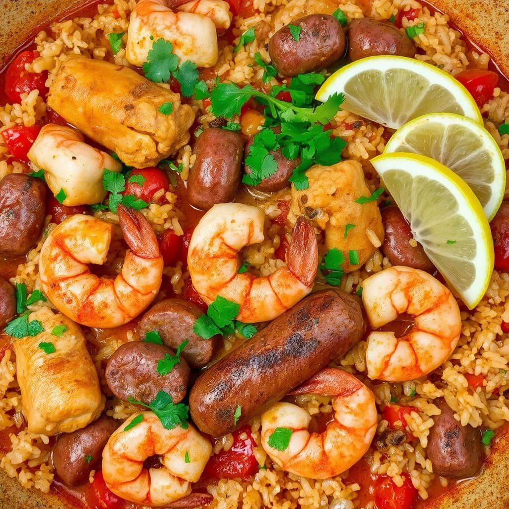 Jambalaya
Oppskrift: Fargerik Gryte Med Ris, Kylling og Reker – En Smaksrik Middag