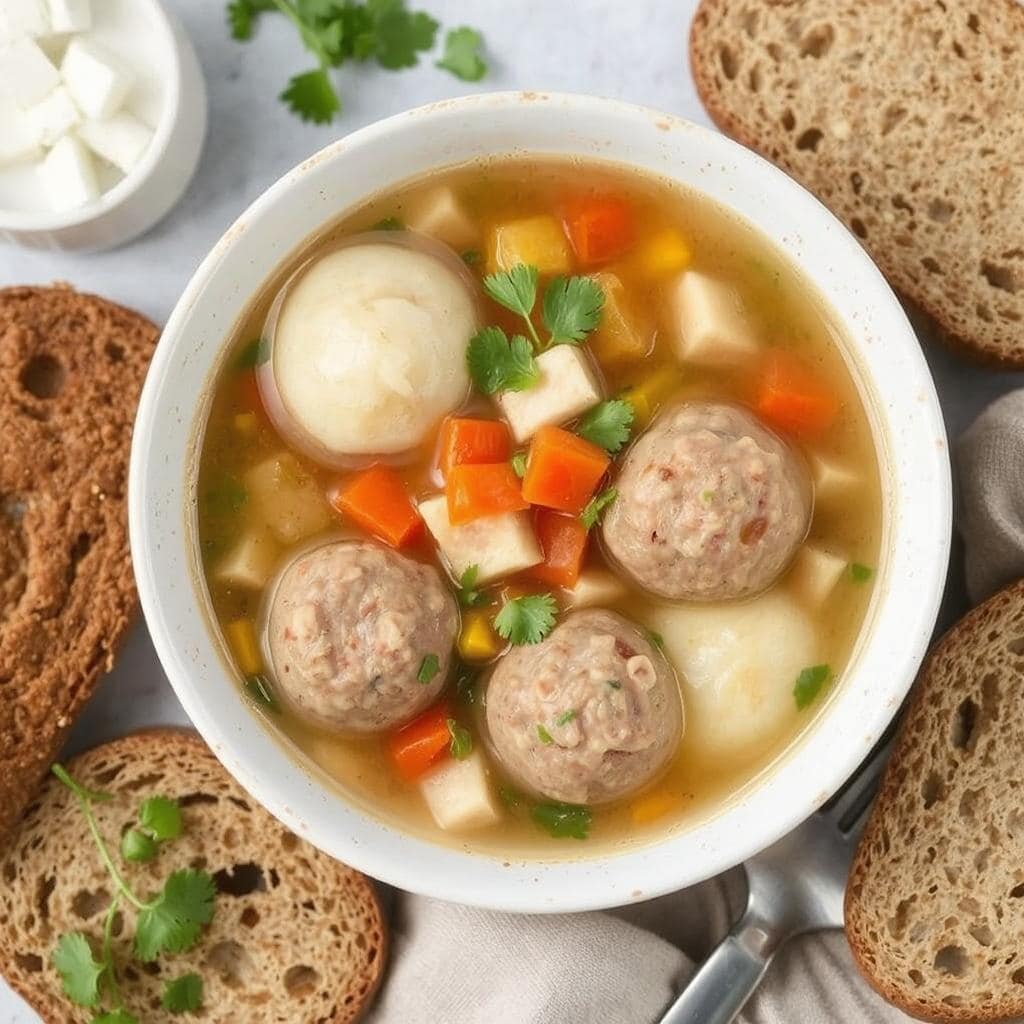 Klarsuppe
med Melboller: Sunn suppe med kjøttboller og næringsrike ingredienser