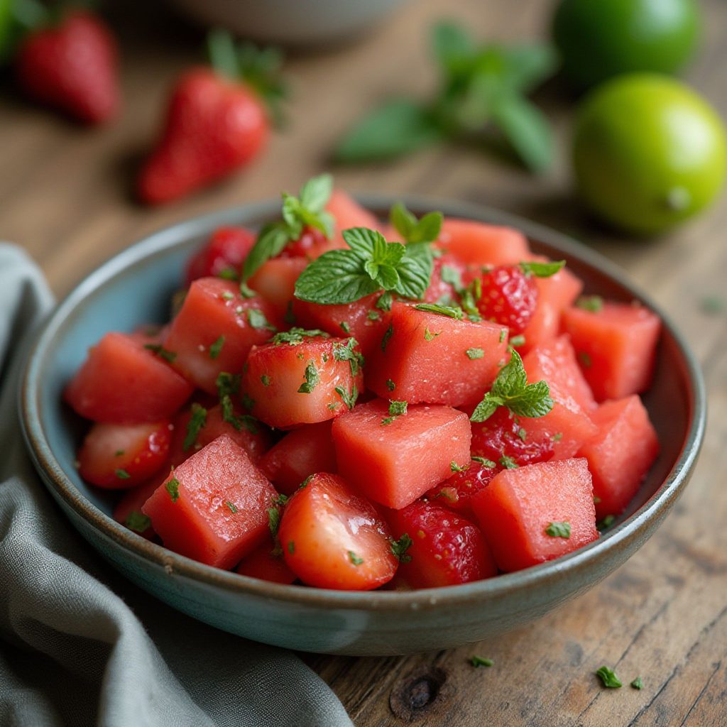 Frisk melon- og jordbærsalat med mynte og lime