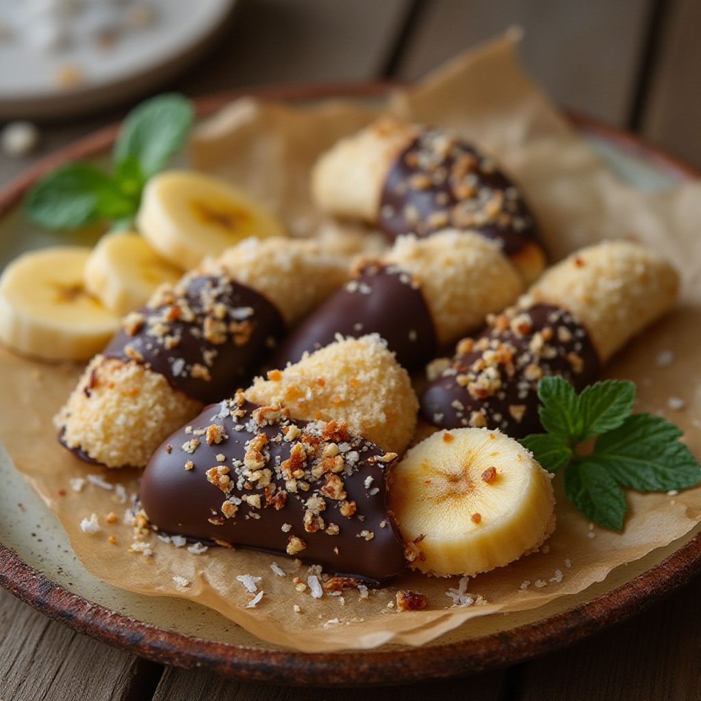 Sprøfrosne bananskiver med mørk sjokolade og kokosdryss