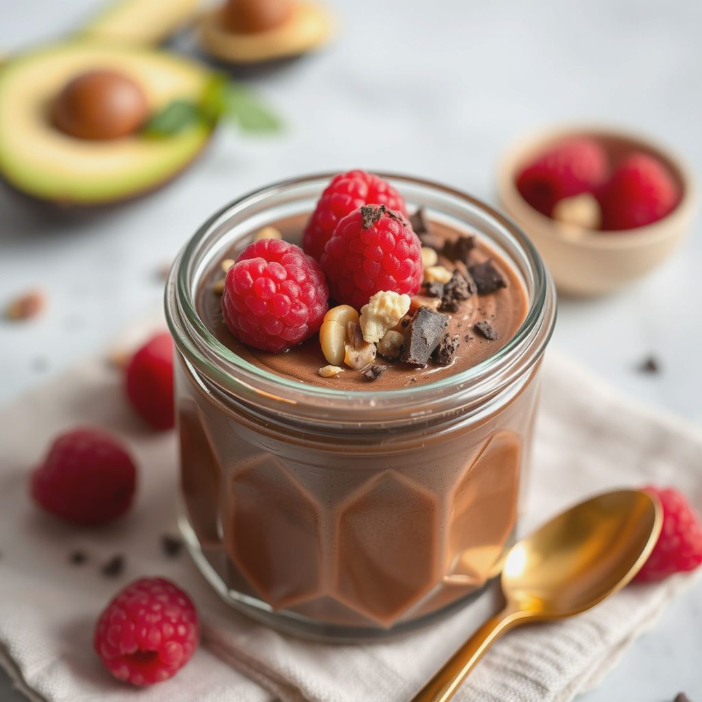 Fløyelsmyk sjokolademousse med avokado og bringebær