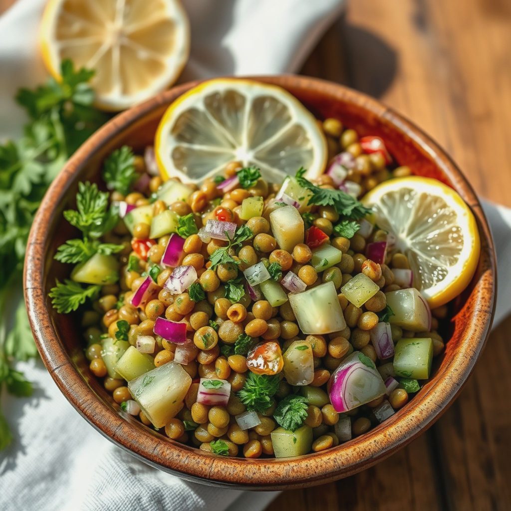 Frisk linsesalat med agurk og sitronvinaigrette