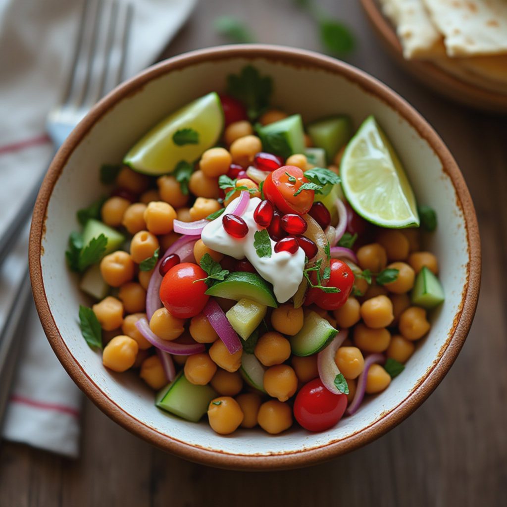 Krydret og sprø chana chaat med friske grønnsaker og urter