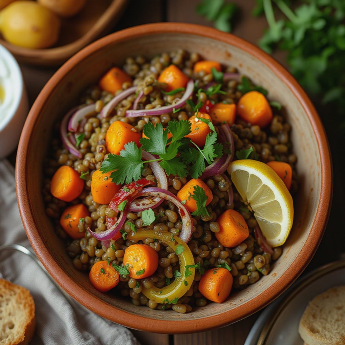 Krydret linse- og grønnsakssalat med frisk koriander og sitron