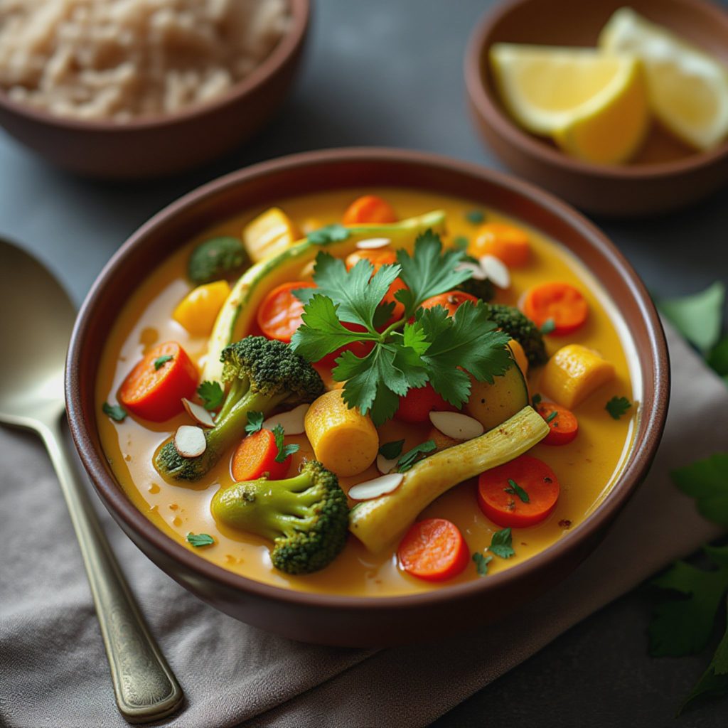 Fløyelsmyk kokos-korma med sprø grønnsaker og varme krydder