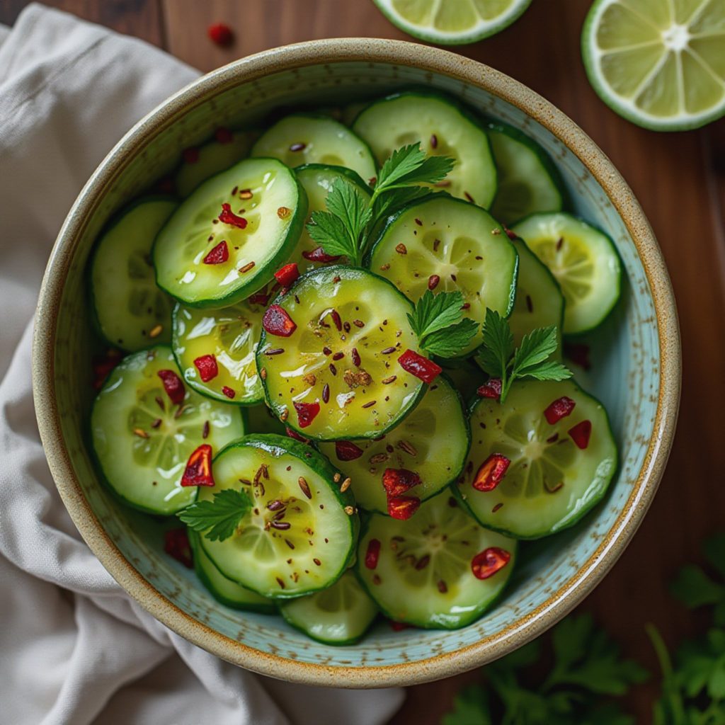 Sprø agurksalat med lime, ristet sennepsfrø og friske urter