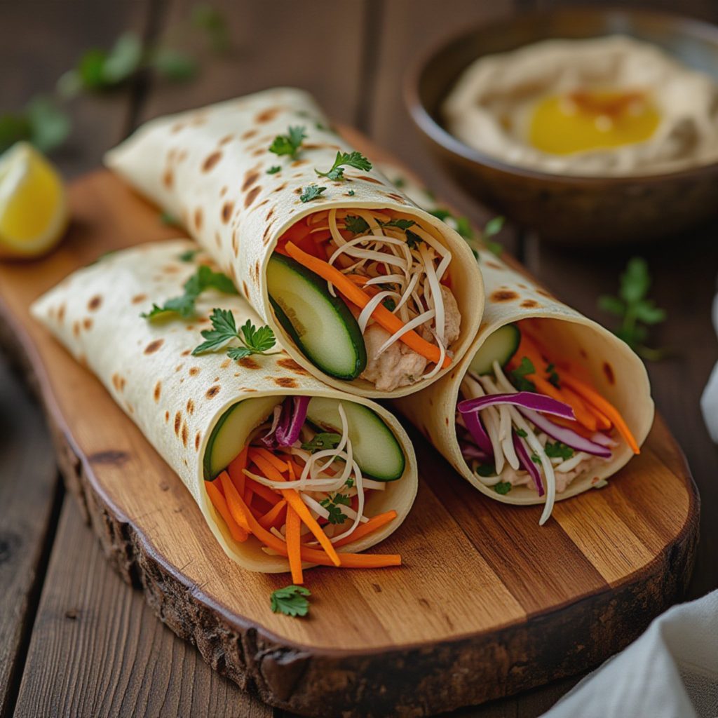 Myke chapati-wraps med kremet hummus og sprø grønnsaker