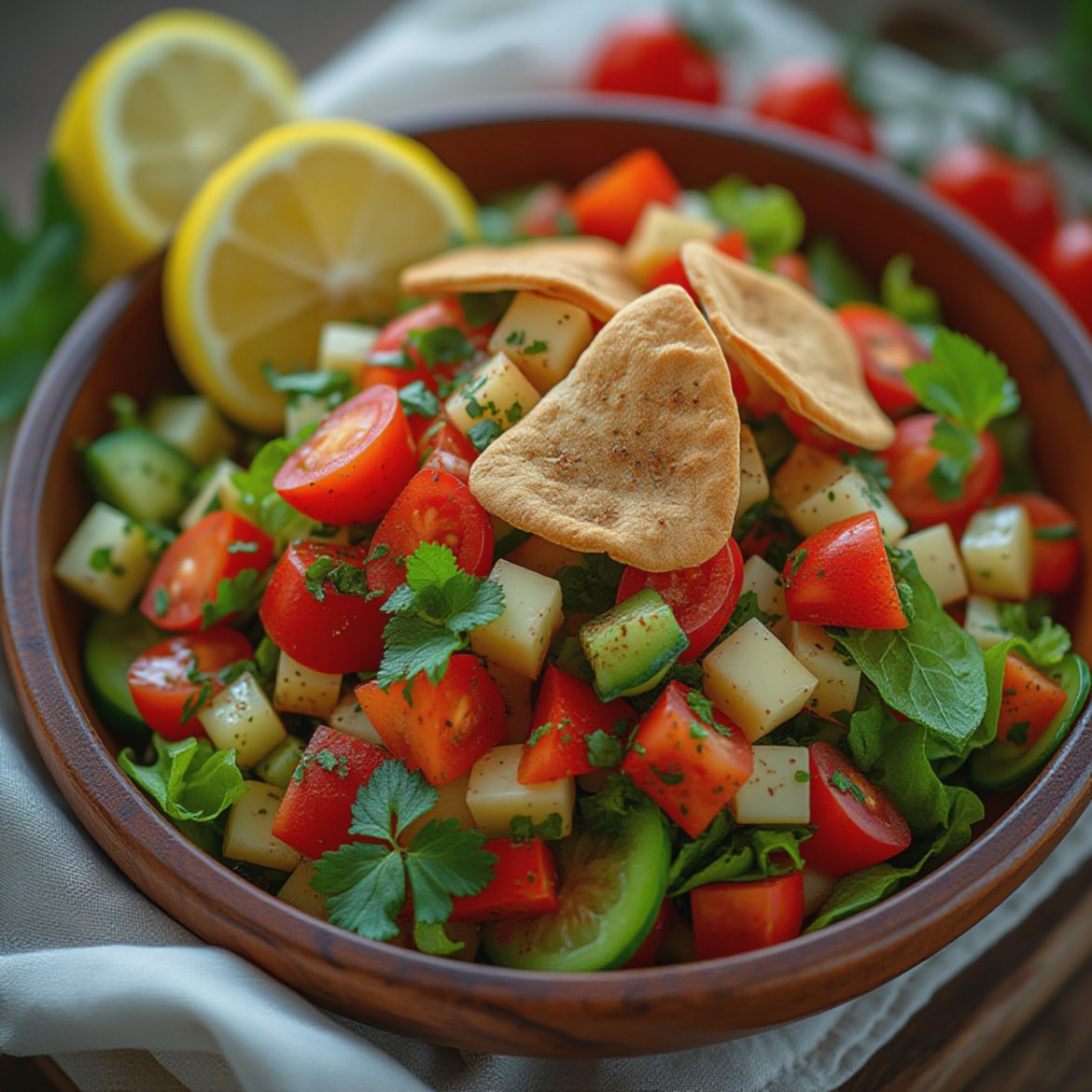 Frisk fattoush med syrlig granateplesirup og sprøstekte pitachips