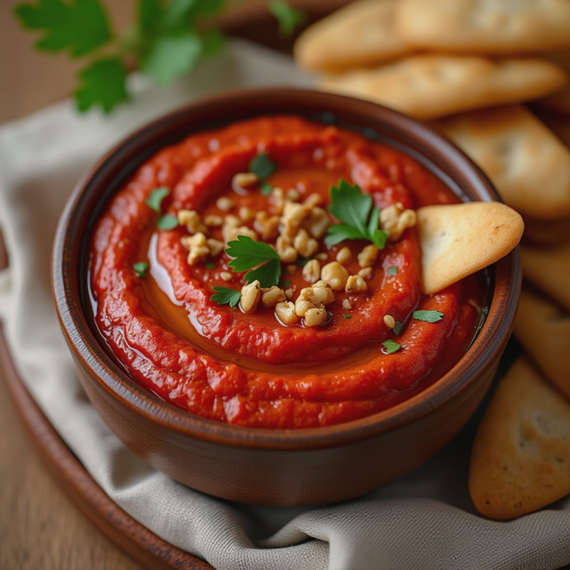Kremet muhammara med ovnsbakt paprika og ristede valnøtter