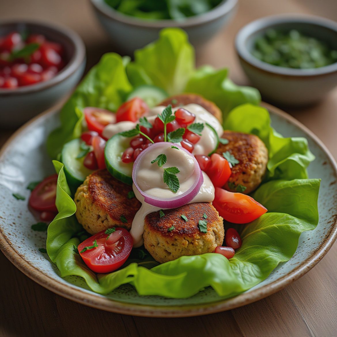 Saftige falafler i sprø salatwrap med frisk tahinisaus – helt uten frityr