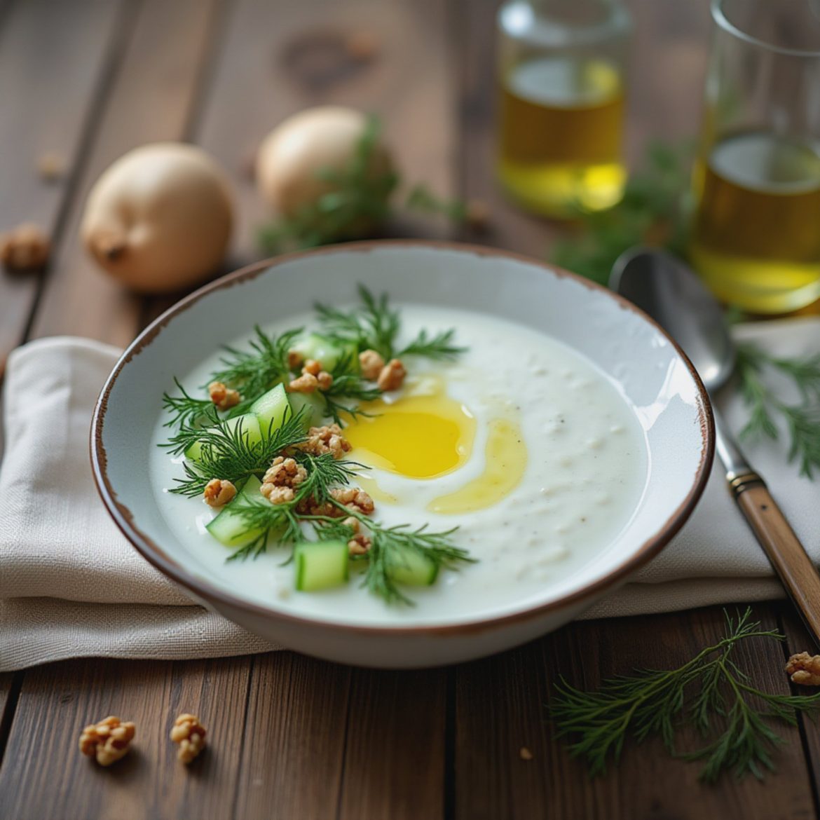 Kremet og frisk libanesisk agurk- og yoghurtsuppe med dill og hvitløk