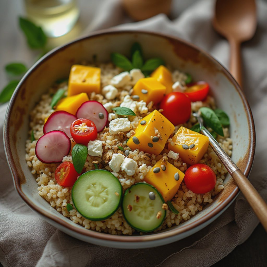 Fargerik sommerbowl med quinoa og sitrusdressing
