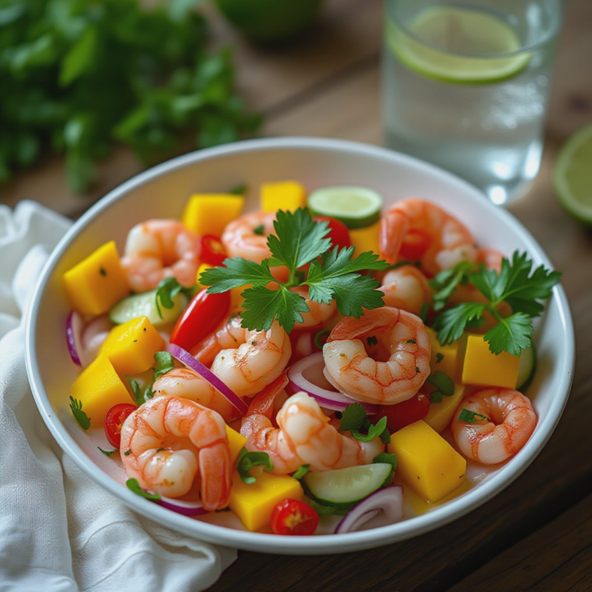 Frisk ceviche-salat med reker, lime og koriander