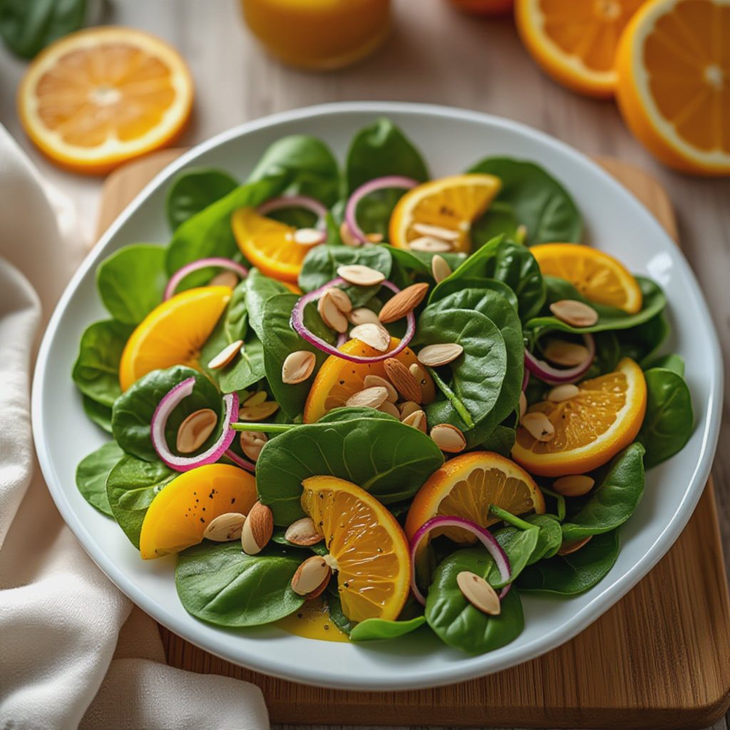 Frisk spinatsalat med appelsinfileter og ristede mandler