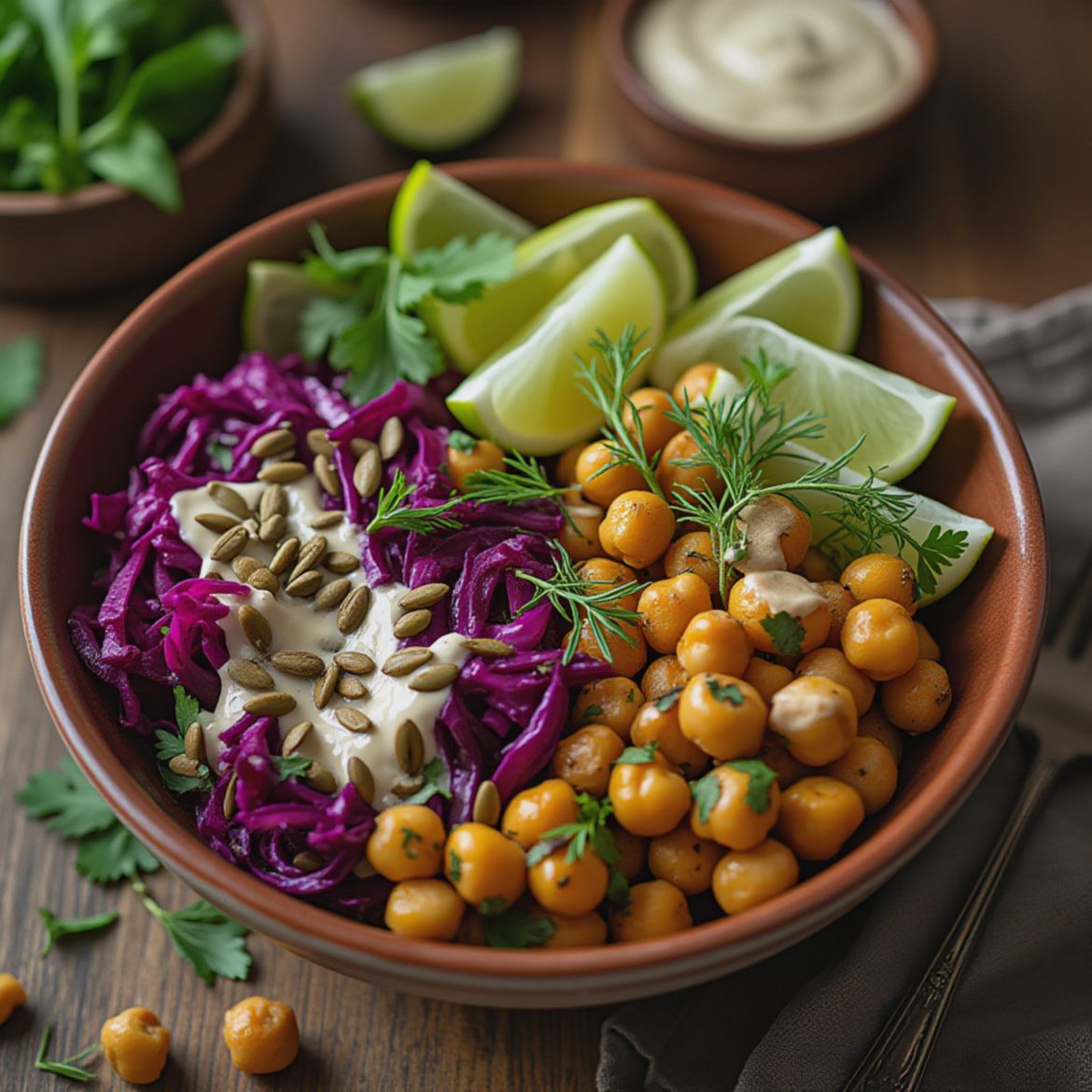 Kremet kikertebowl med rødkål og frisk sitrusdressing