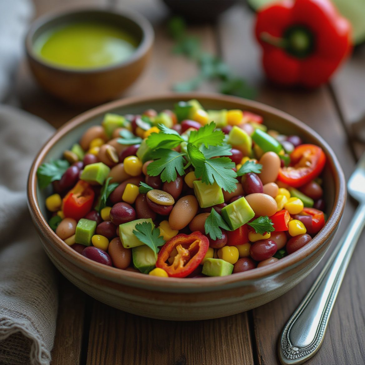 Fargerik bønnesalat med sprø mais og limevinaigrette