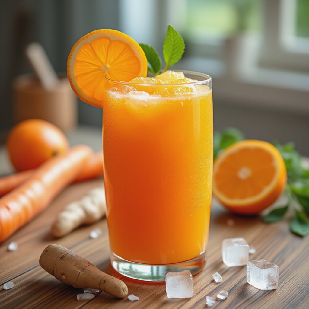 Frossen friskpresset appelsin- og gulrotjuice med ingefær og sitron