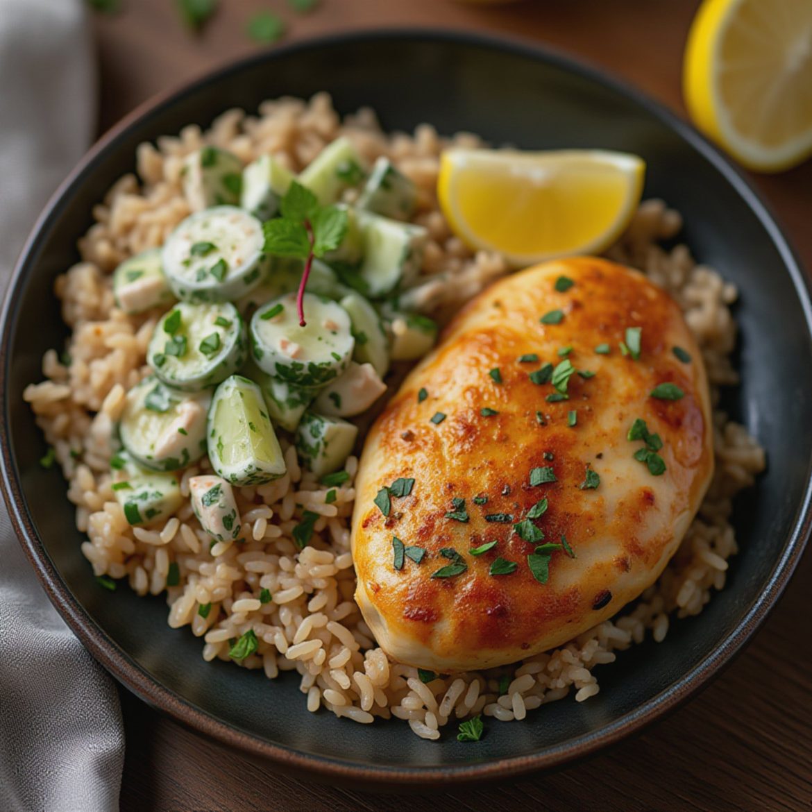 Saftig sitronkylling med kremet agurksalat og fullkornsris