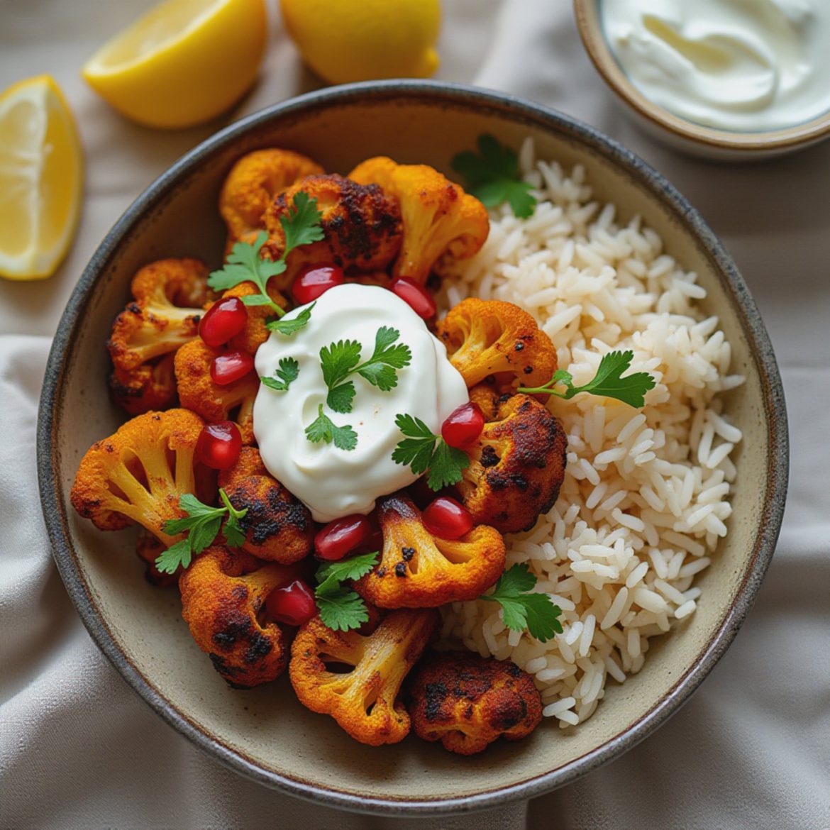 Krydret ovnsblomkål med kremet yoghurt og urter