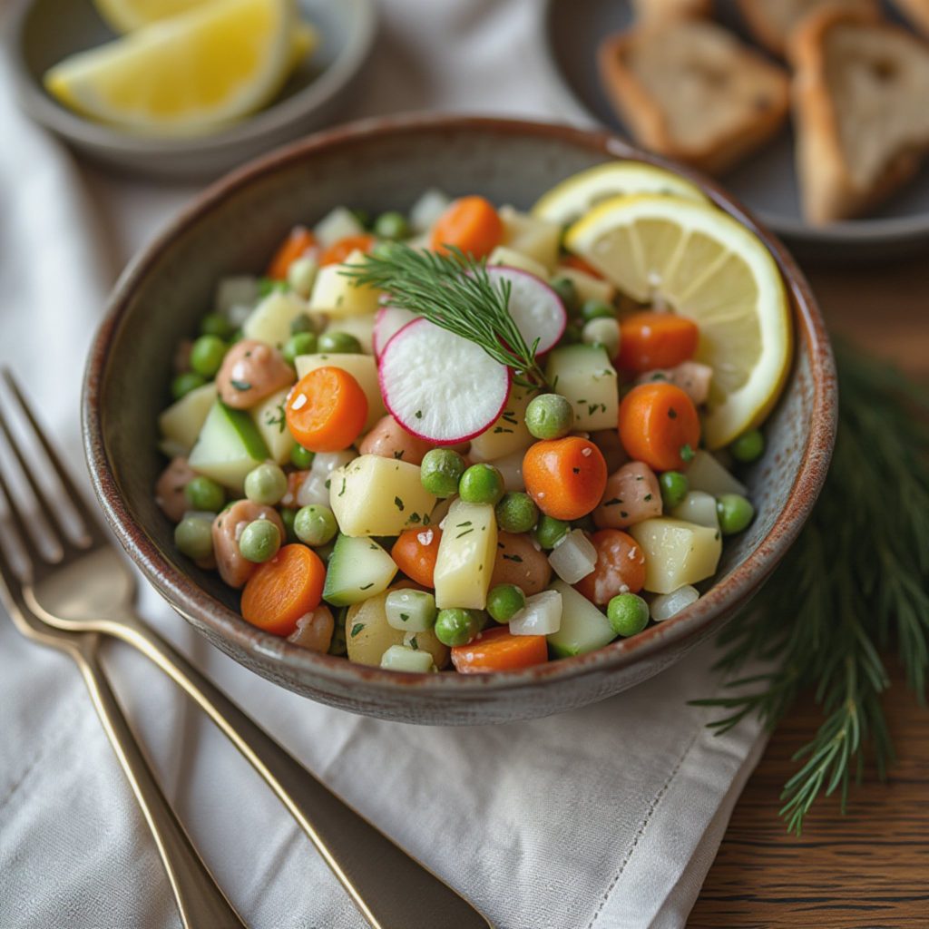 Kremet ensalada rusa med yoghurt og friske grønnsaker