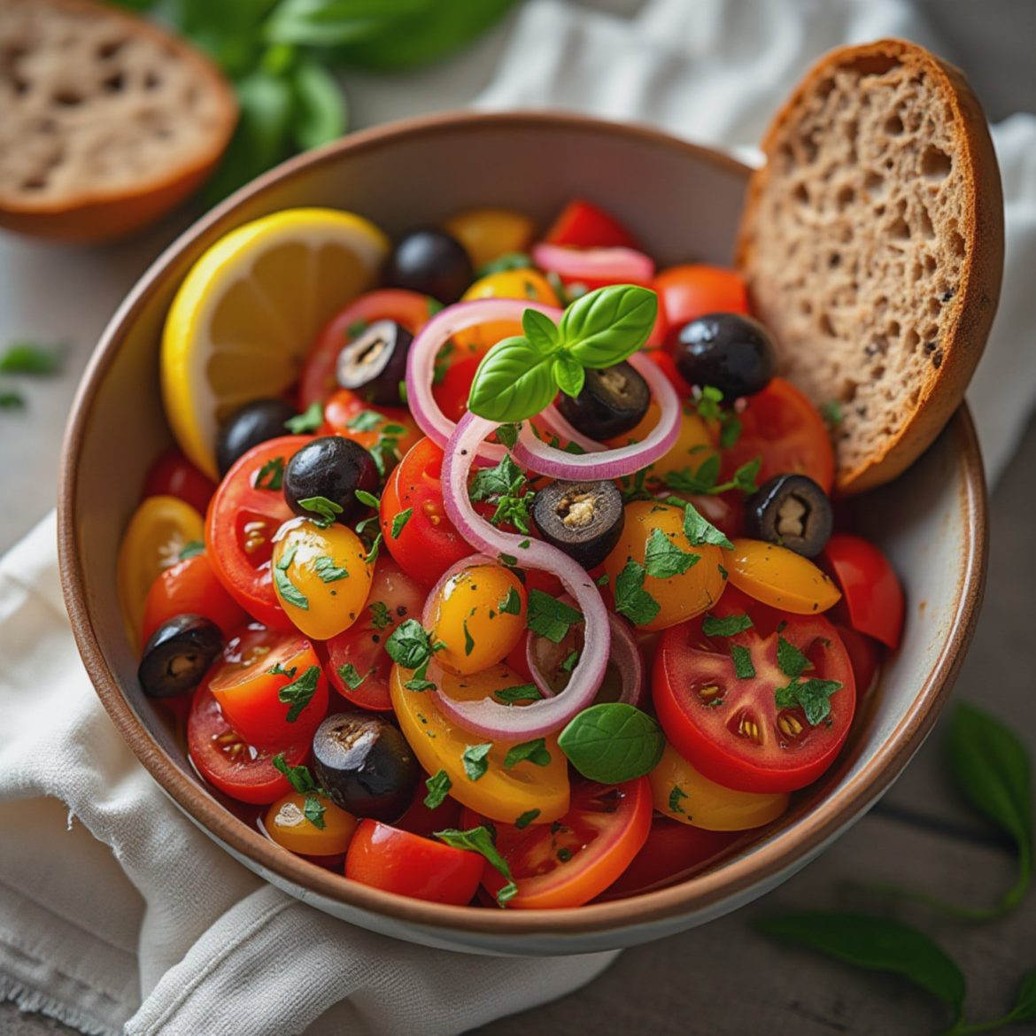 Saftig tomatsalat med urter, oliven og sitrondressing