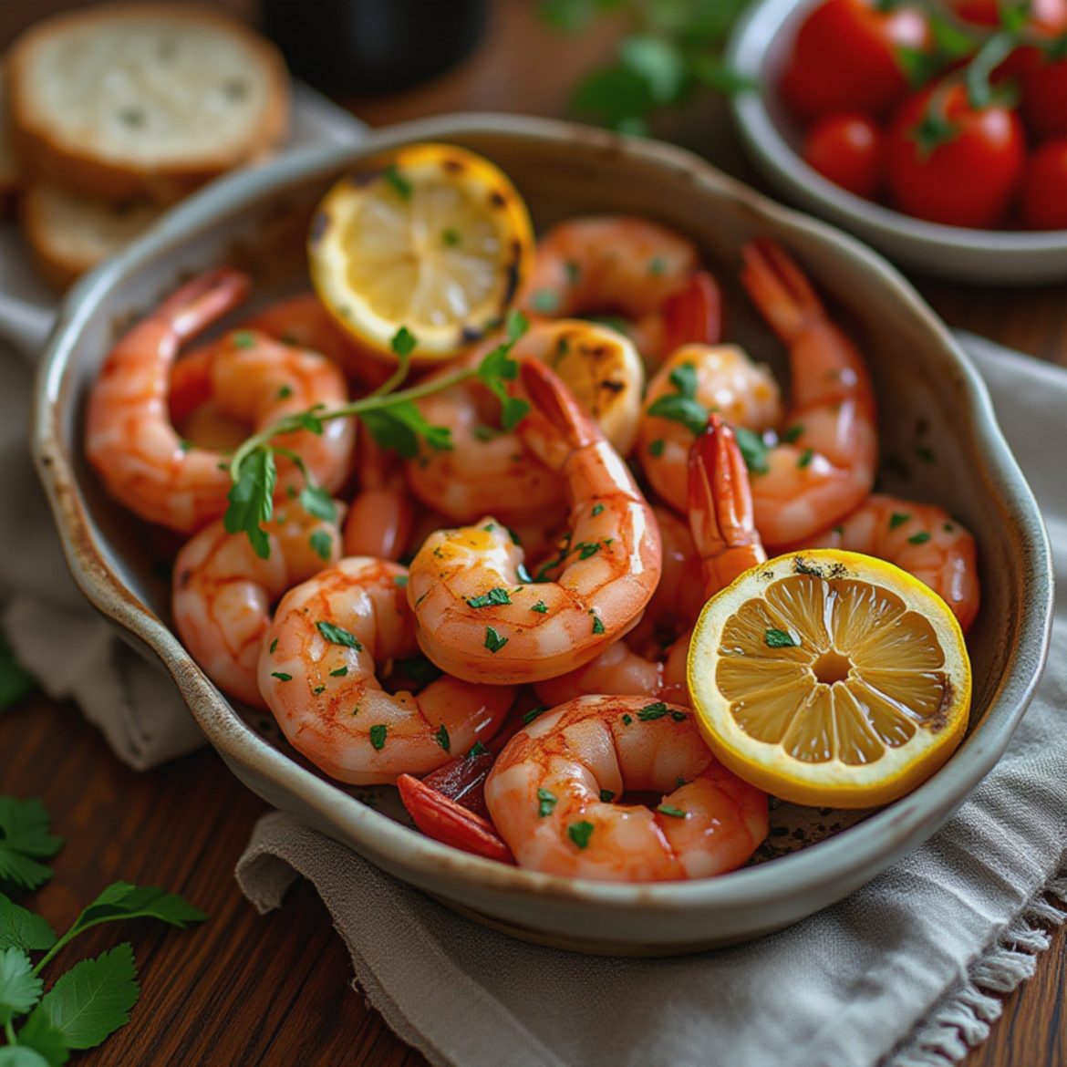 Saftige grillede reker med sitron og urteolje