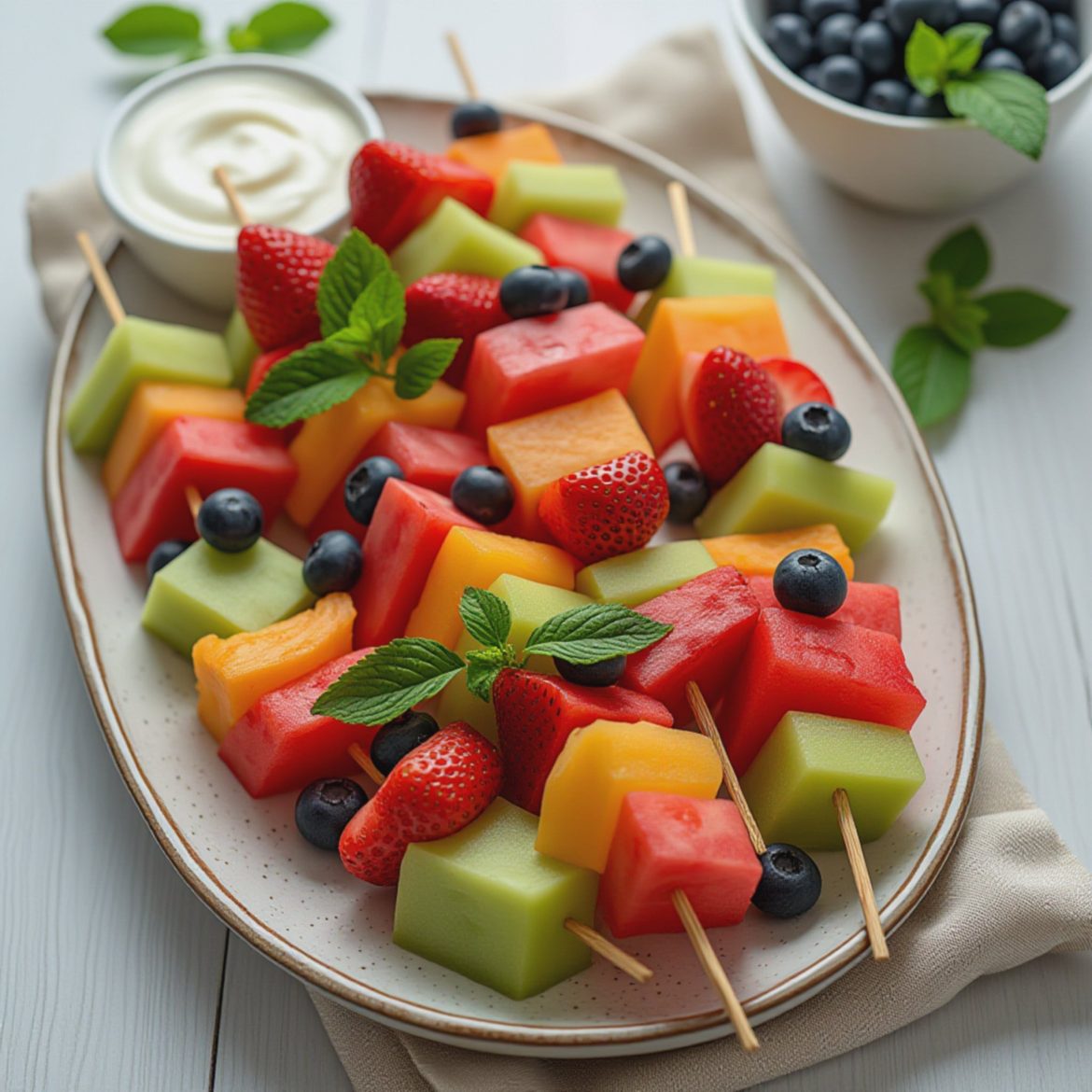 Saftige fruktspyd med melon og frisk mynte