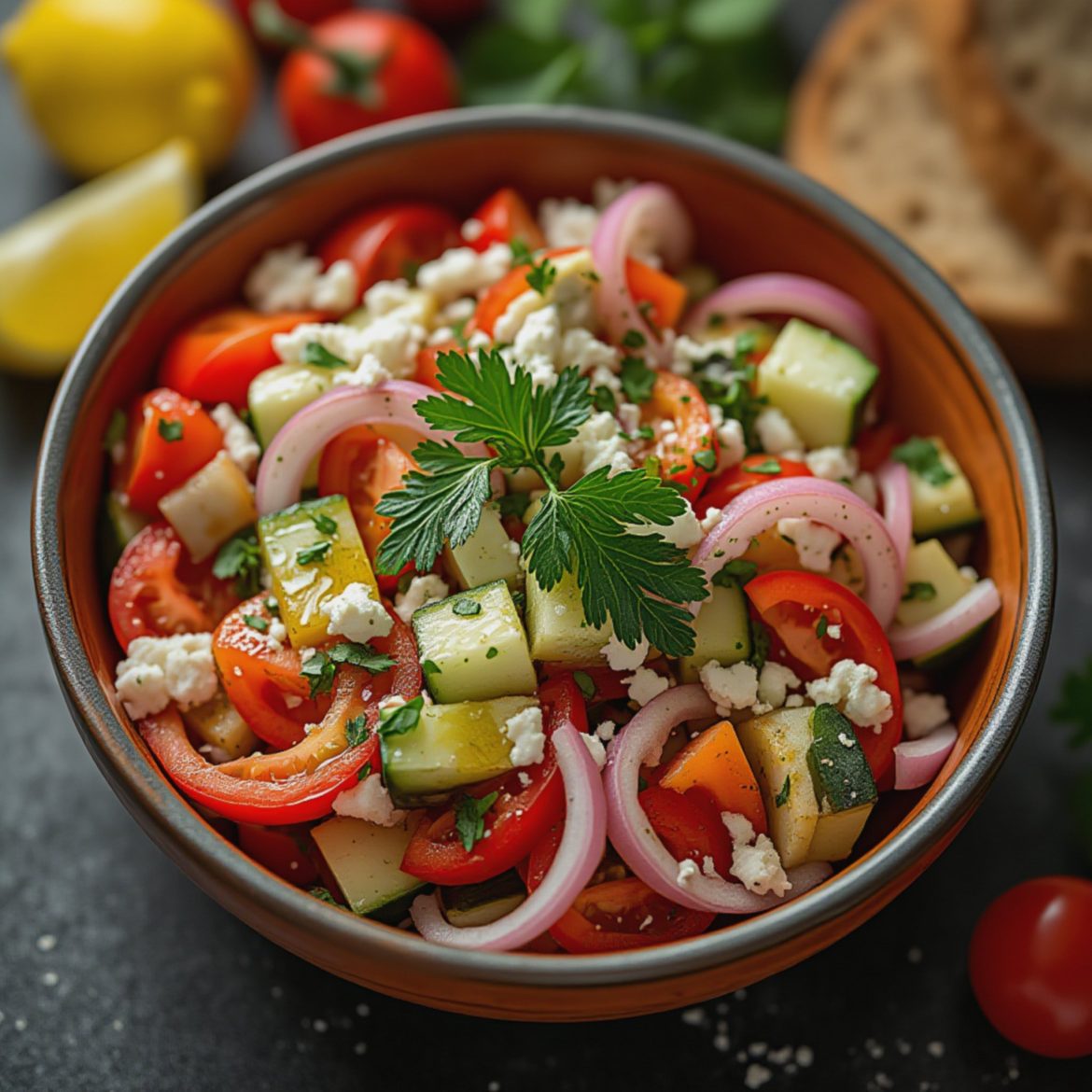 Frisk shopska-salat med tomat og hvitost