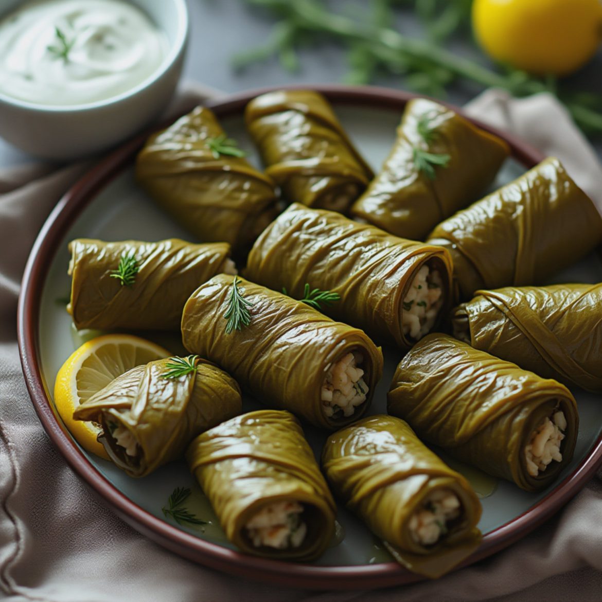 Aromatiske vinblader fylt med urtekrydret ris og sitron