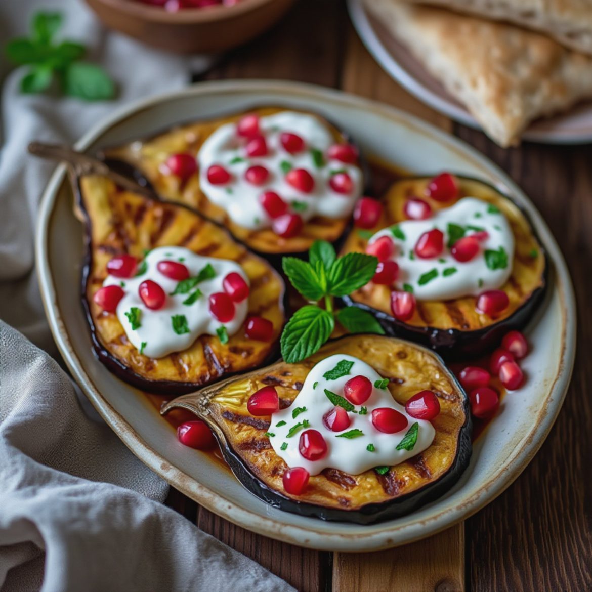 Saftig aubergine med kjølende yoghurt og sprø granatepleperler