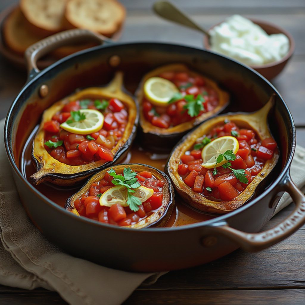 Aubergine i fløyelsoliven – Fylt İmam Bayıldı med tomat og løk