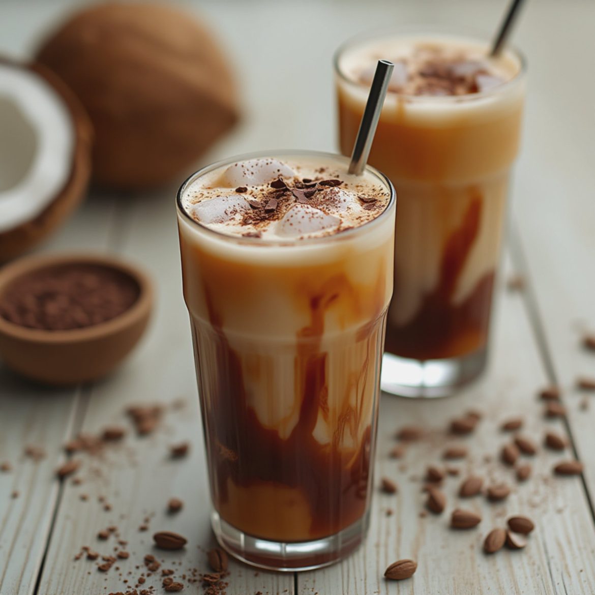Two tall glasses of iced coffee topped with cream and chocolate, with coconut and cocoa powder in the background.