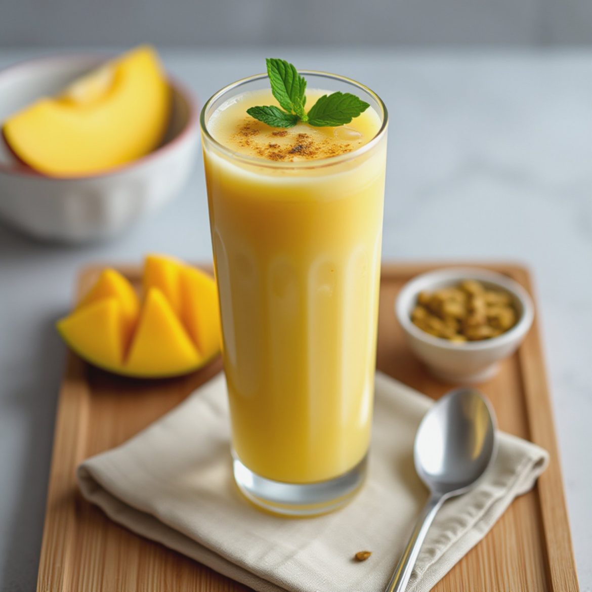 A tall glass of mango lassi topped with mint leaves and spices, served with mango slices and a small bowl of nuts.