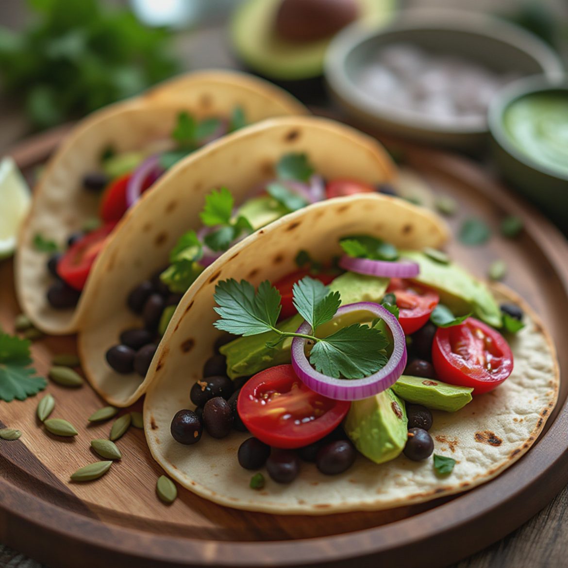 Three vegetarian tacos filled with black beans, tomatoes, avocado, and onions on a wooden plate.