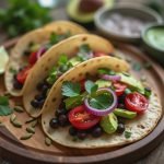 Three vegetarian tacos filled with black beans, tomatoes, avocado, and onions on a wooden plate.
