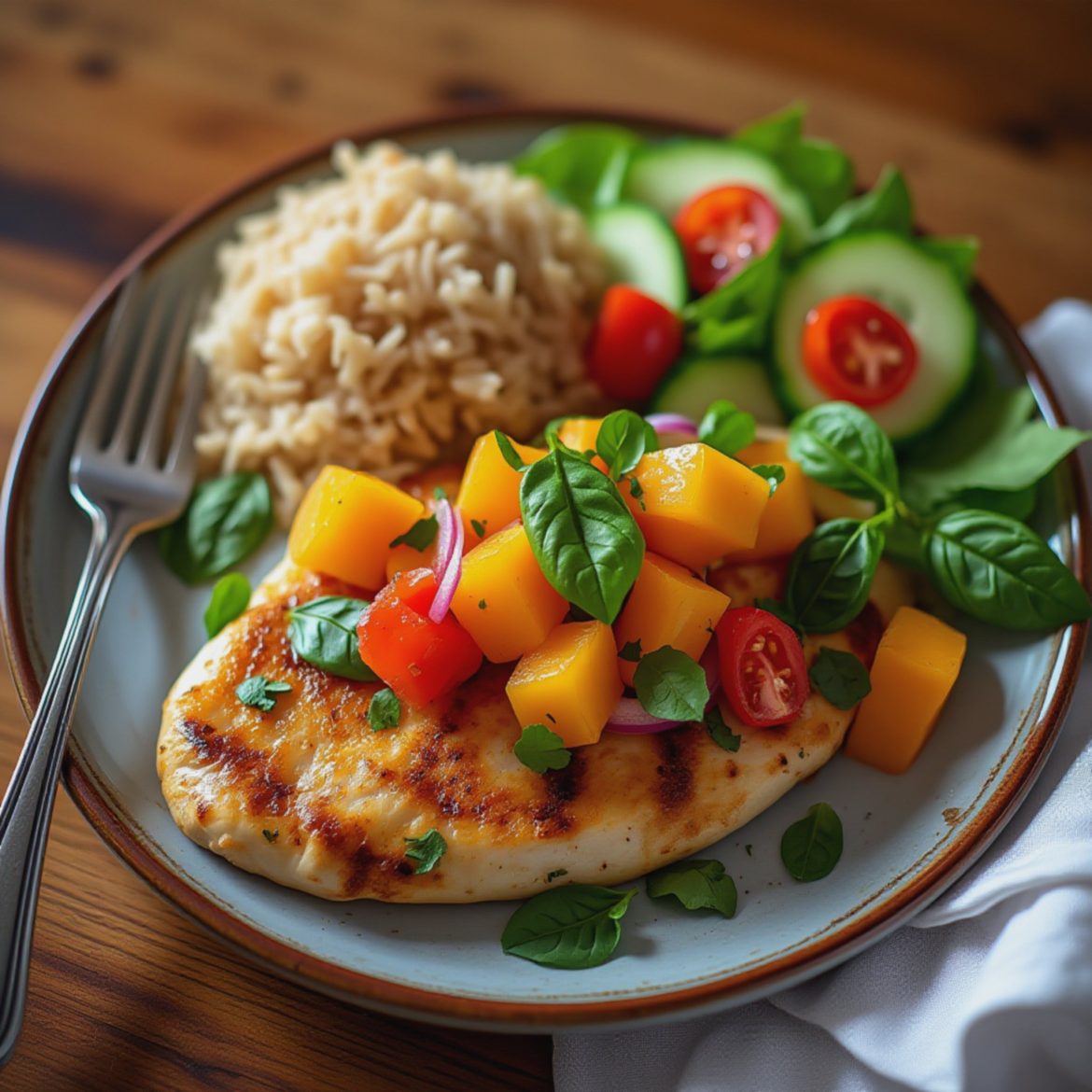 Grilled chicken breast topped with mango salsa, served with rice and a side salad of cucumber and tomatoes.