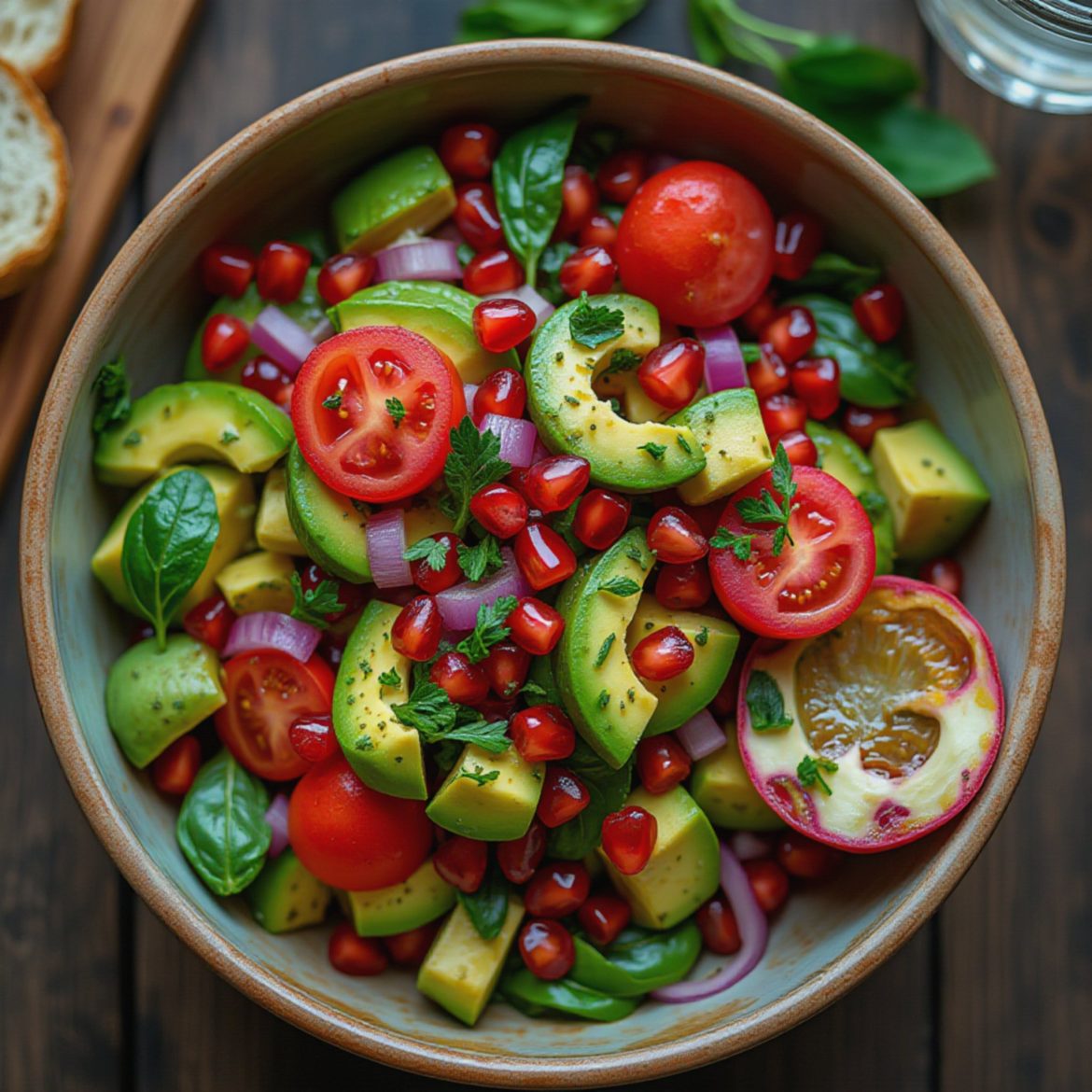 Bowl of salad with avocado, pomegranate seeds, cherry tomatoes, and herbs.