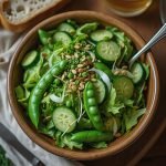 A wooden bowl filled with a green salad featuring lettuce, cucumbers, and peas topped with pine nuts.