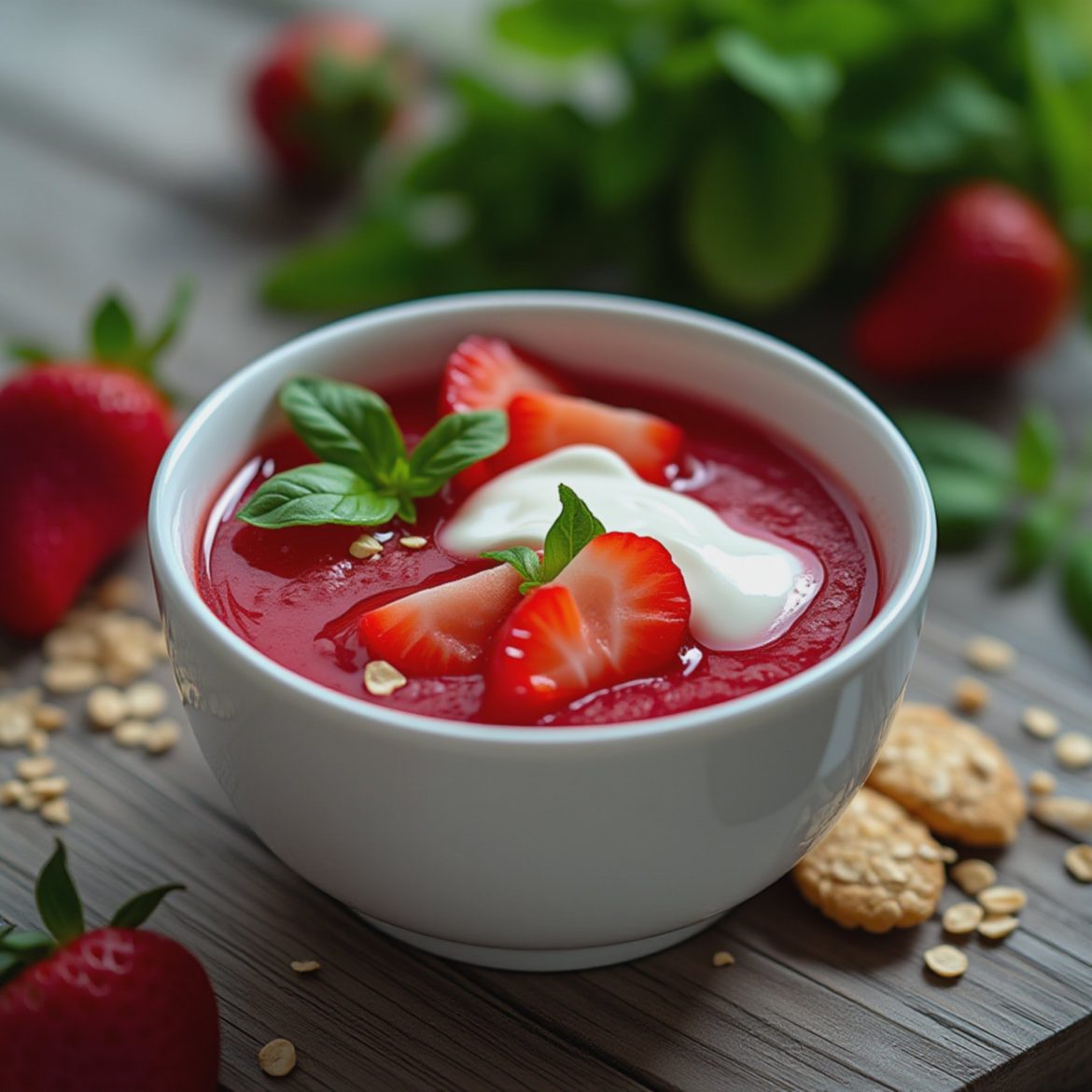 Bowl of red strawberry soup topped with sliced strawberries, cream, and basil leaves.