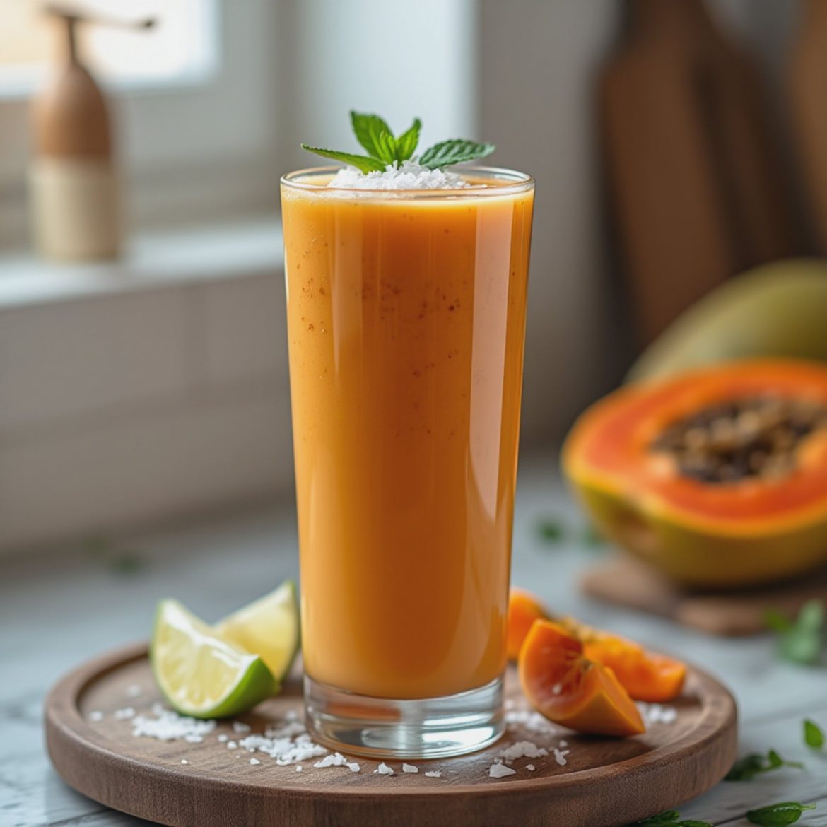 A tall glass of papaya smoothie garnished with mint leaves and lime wedges on a wooden plate.