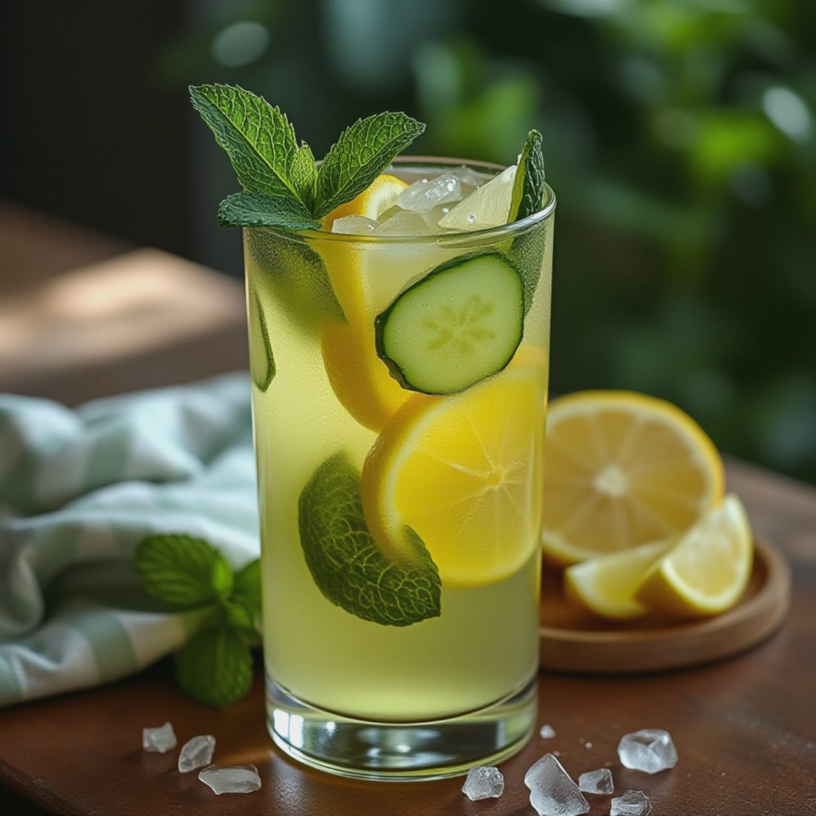 A glass of cucumber lemonade with mint leaves, lemon slices, and ice cubes on a wooden table.