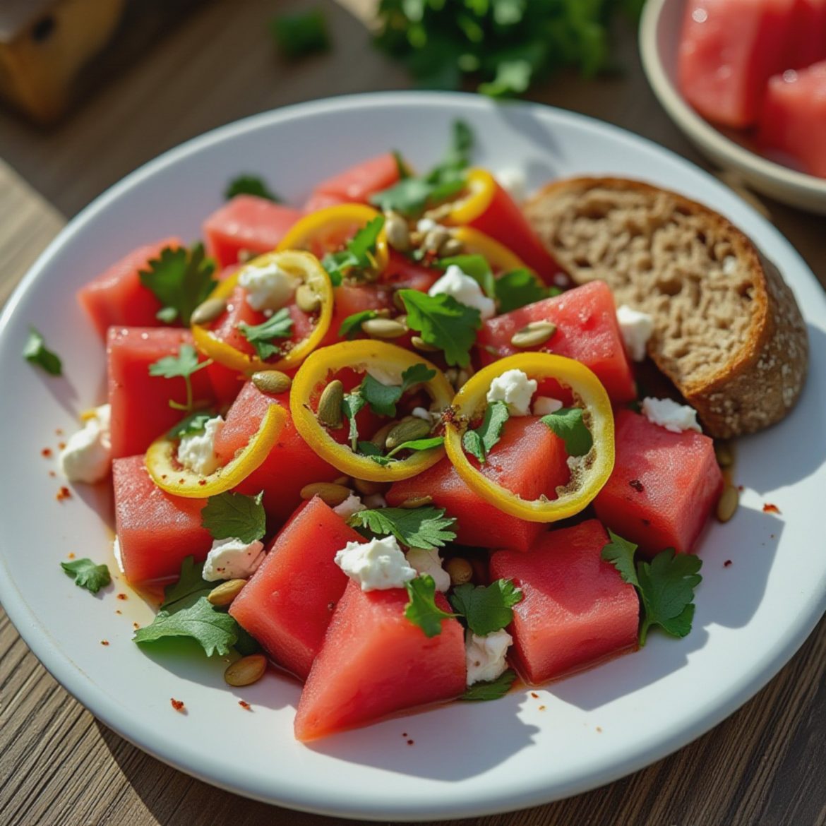 A plate of watermelon salad featuring feta cheese, herbs, and lemon slices.