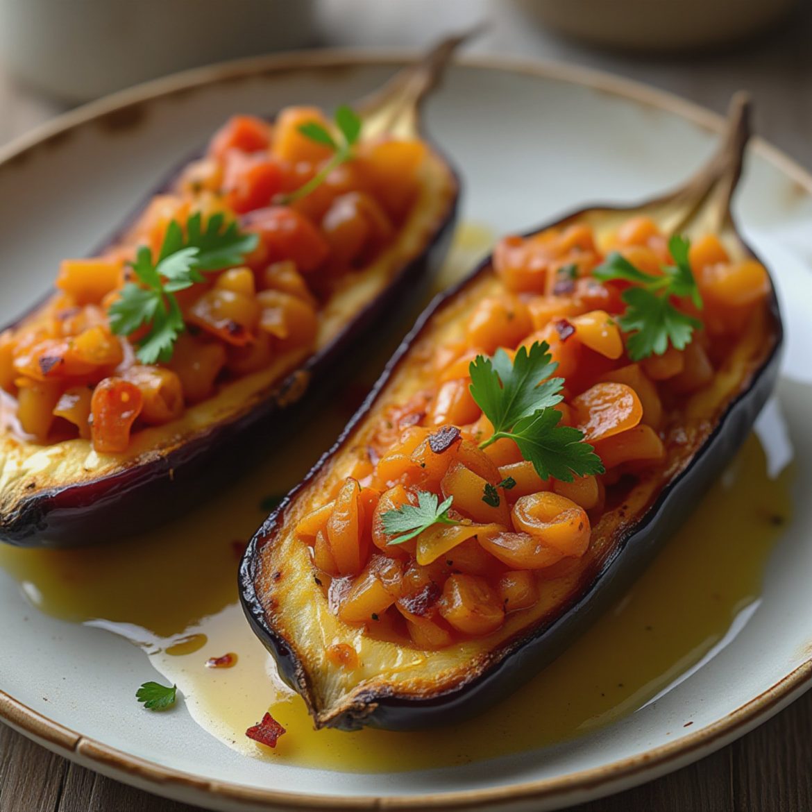 Two halves of eggplant filled with a mixture of pasta and tomato sauce, garnished with parsley.